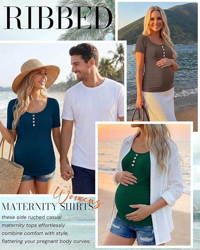 4 Pack Womens Maternity Shirts Scoop Neck Cotton Short Sleeve Ribbed Pregnancy Top Henley Side Ruched Mama Clothes