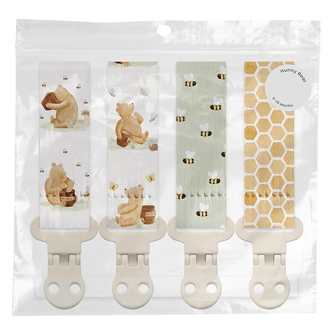 Stadela Baby Pacifier Clip Holder - Boy and Girl Unisex 4 Pack Gift Set – Vintage Classic Neutral Honey Winnie Bear and Bees Beige Yellow and Green