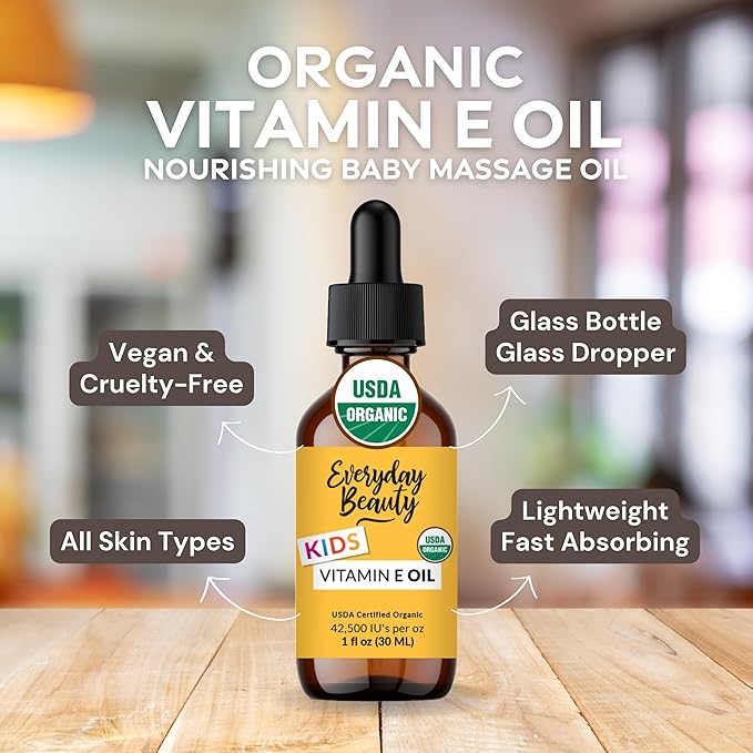 Organic Vitamin E Oil - Nourishing Baby Massage Oil for Moisturizing Dry Skin - Fragrance Free & All Natural Plant Based, Lightweight Unscented Gentle Blend - 1 fl oz Glass Bottle With Glass Dropper