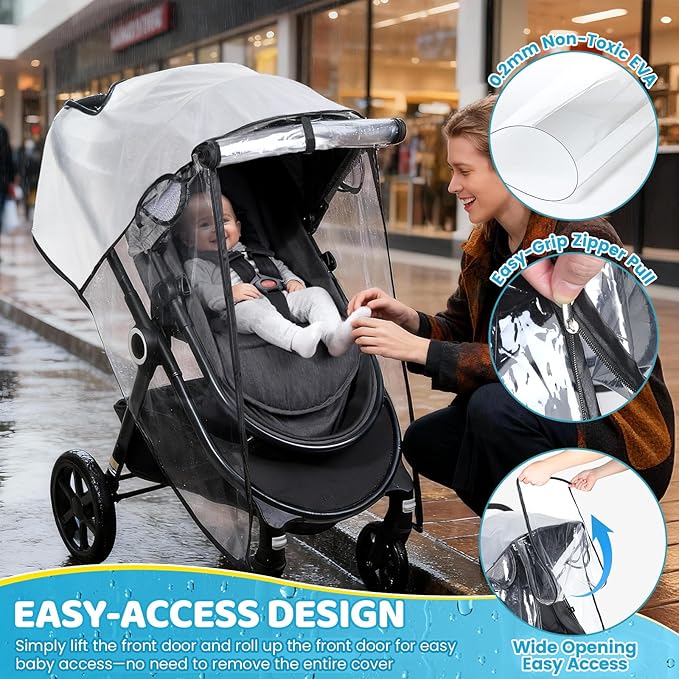 Clear Stroller Rain Cover, Universal Stroller Accessories, Waterproof Travel Weather Shield with Breathable Ventilation and Easy Access, Thick EVA & PVC Protect from Wind, Dust and Snow