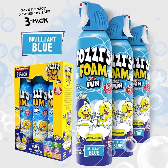 FOZZI'S Brilliant Blue Bath Foam Soap for Kids (3 Pack) - Fun Aerosol Spray - Fluffy Bubble Soap for Playtime - Gentle Cleanser Foaming Body Wash - Safe Bath Fun for Everyday Wash