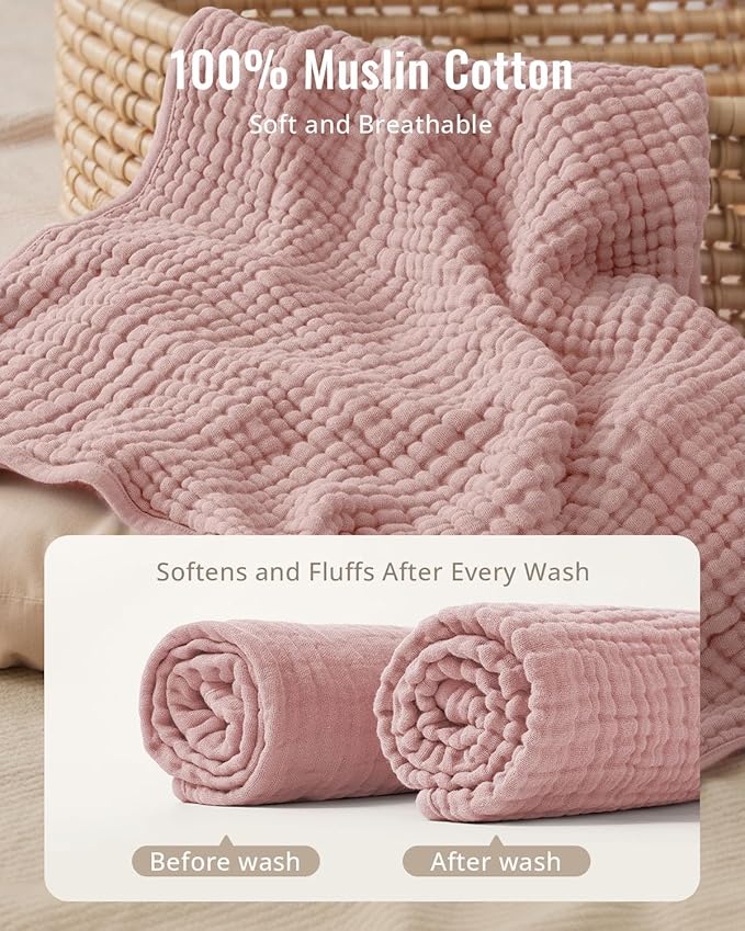 Blissful Diary Muslin Baby Hooded Towel 2 Pack, Soft & Absorbent Bath Towel for Baby Girls, Infant Gift, Newborn Essentials, Pink Floral & Light Pink