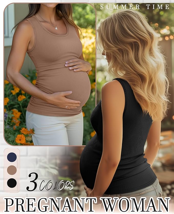Riyiper 3 Pack Women's Maternity Tank Tops, Sleeveless Cotton Pregnancy Shirts Ribbed Knit Sides Ruched Basic Mama Clothes