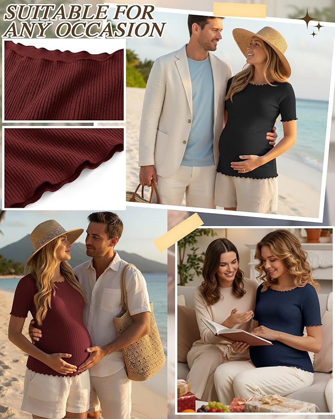 3 Pack Women's Maternity Ribbed Shirts Cotton Short Sleeve Pregnancy Tops Boat Neck Lettuce Trim Mama Clothes