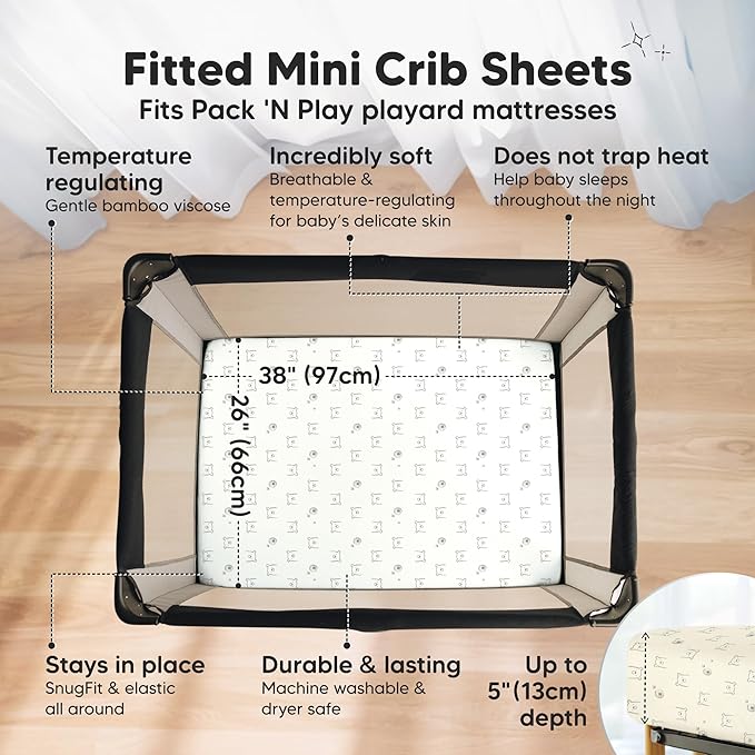 Pack and Play Sheets Fitted - 2-Pack Mini Crib Sheets for Pack N Play Mattress 38x26, Soft & Cozy, Neutral Toddler Playard Bedding, Snug Fitted Mini Baby Crib Mattress Cover Boy, Girl (Bumble Bear)