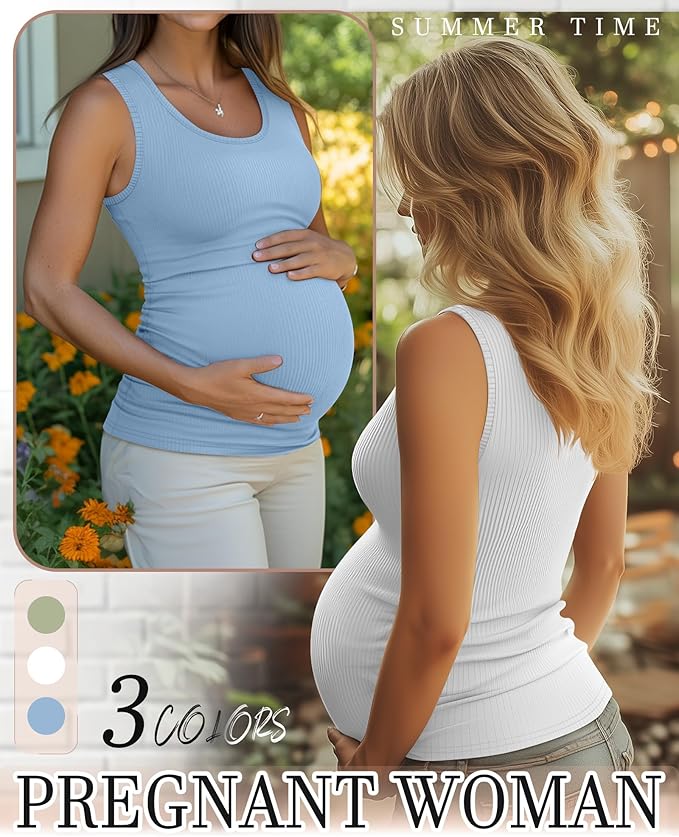 Riyiper 3 Pack Women's Maternity Tank Tops, Sleeveless Cotton Pregnancy Shirts Ribbed Knit Sides Ruched Basic Mama Clothes