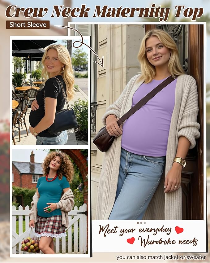 Huukeay 4 Pack Women's Maternity Shirts, Crew Neck Maternity Top Short Sleeve Casual Cotton Tee Side Ruched Pregnancy Clothes