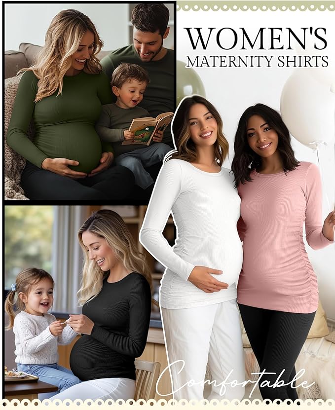 Ficerd 4 Pack Women's Maternity Shirts Cotton Long Sleeve Ribbed Crew Neck Pregnancy Tops Side Ruched Casual Mama Clothes