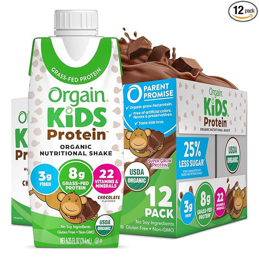 Orgain Organic Kids Nutritional Protein Shake, Chocolate, Healthy Kids Snacks, 8g Dairy Protein, 3g Fiber, 22 Vitamins & Minerals, No Soy Ingredients, Gluten Free, Non-GMO, 8.25 Fl Oz (Pack of 12)