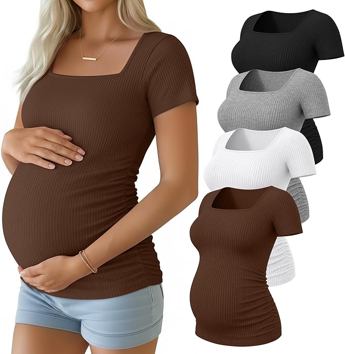 Huukeay 4 Pack Women's Maternity Shirts Cotton Ribbed Short Sleeve Square Neck Pregnancy Tops Side Ruched Summer Tee