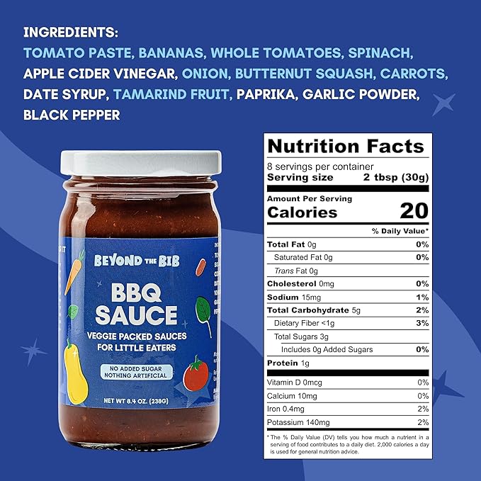 Beyond the Bib - Toddler and Kids Healthy Meal Sauces and Dips - Made with Vegetables, No Added Sugar, No Salt, No Artificial Ingredients - Ready to Eat - For 24+ Months (BBQ - 3 Pack)