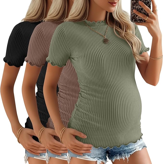 3 Pack Women's Maternity Tops Short Sleeve Ribbed Knit Maternity Shirts Crew Neck Side Ruched Pregnancy Clothes