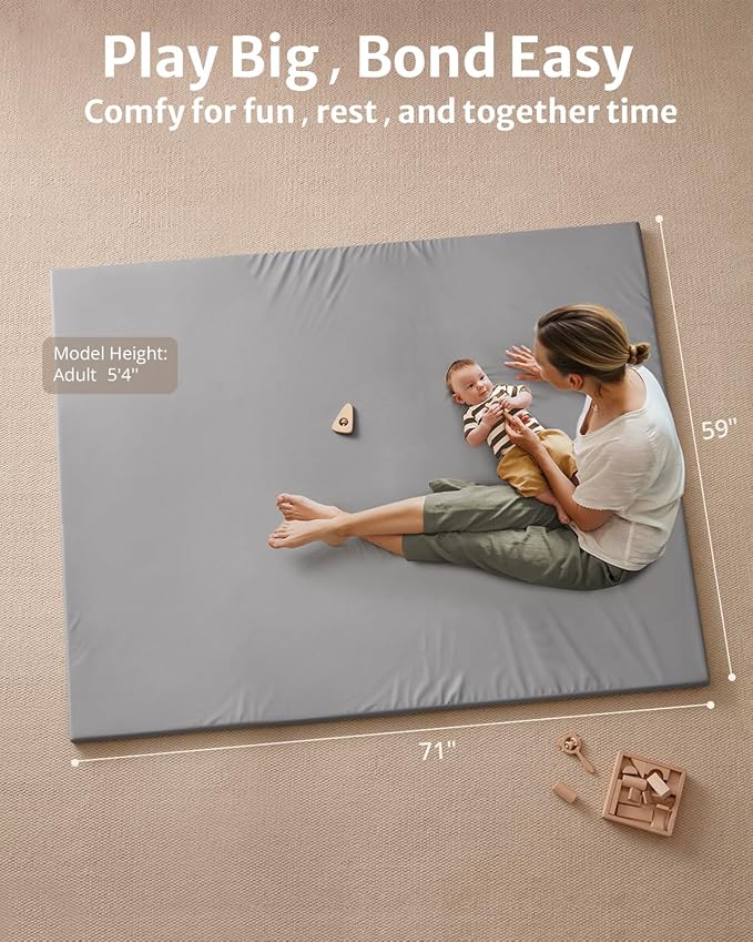 Blissful Diary Vegan Leather Baby Play Mat, 71x59 Thicken Foam Cushioned & Waterproof Playpen Mat for Infants and Toddlers, Stylish and Just Wipe-Clean Playmat for Baby Play on Floor, Light Gray