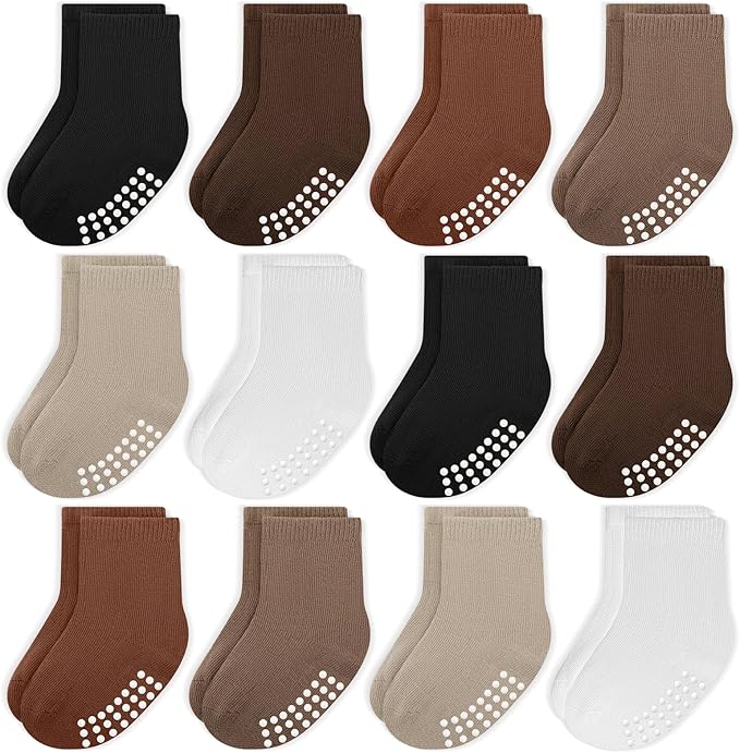 JAKIDAR 12 Pack Baby Toddler Socks Non Slip Grip Cotton Crew Socks for Boys Girls Infants Kids