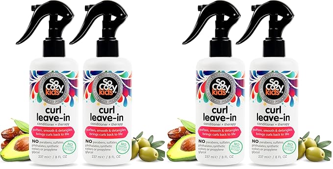 SO COZY Leave In Conditioner Spray (8 Fl Oz) Detangler for Kids' Curly Hair, Tangle-Free Curls, Gentle & Nourishing with Keratin, Vitamin B5, Olive & Jojoba Oil, Paraben-Free, (Pack of 4)