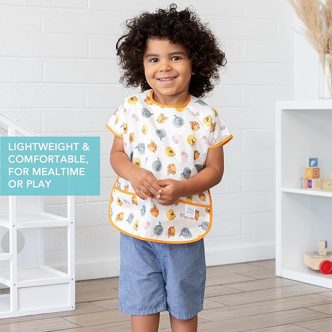 Bumkins Disney Short Sleeve Bib for Girl or Boy, Toddler and Kids for 1-3 Years, Large Size, Essential Must Have for Junior Children, Eating, Mess Saving Soft Fabric Play Apron, Winnie and Friends