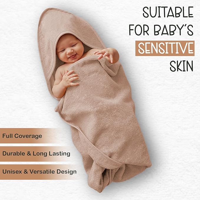 100% Organic Cotton Plush Woven Hooded Baby Bath Towels - Soft and Absorbent 31x31 Inches for Newborns and Kids, Baby Bath & Hooded Towels, Premium Infant Towels (Sand)