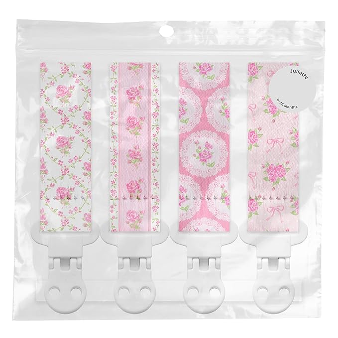 Stadela Baby Fabric Pacifier Clip Holder, Plastic Clip, 4‑Pack, Floral Pattern, Juliette Set
