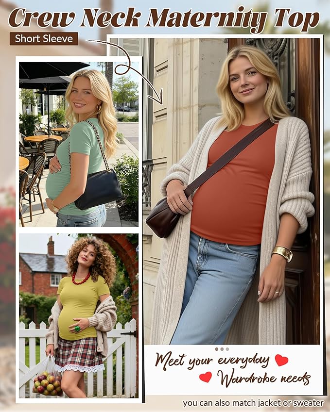 Huukeay 4 Pack Women's Maternity Shirts, Crew Neck Maternity Top Short Sleeve Casual Cotton Tee Side Ruched Pregnancy Clothes