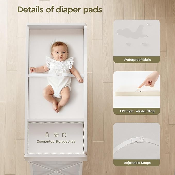 Changing Table, 6-Drawer Baby Dresser with Changing Table top, Waterproof Diaper Changing Station & Pad, 2 Height-Adjustable Open Storage Shelves, Mobile Nursery Organizer, White