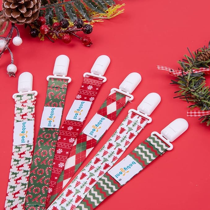 babygoal Christmas Pacifier Clips, 6 Pack Binky Paci Holder and Leash Fits for Most Pacifier, Binkies and Xmas Gift 6PB19