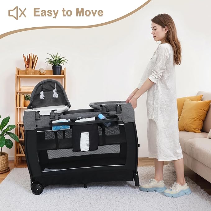 4 in 1 Multifunctional Pack and Play, Foldable Baby Playards with Changing Table & Breathable Mesh, Baby Playpen for Babies and Toddlers, Black