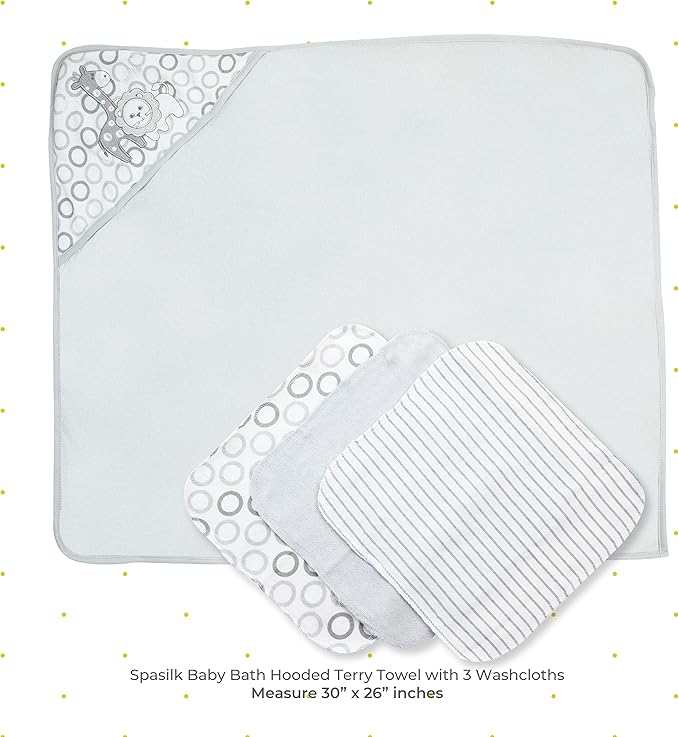 Spasilk Baby Bath Hooded Terry Towel with 3 Washcloths, Baby Bath Essentials, One Size, Gray Lion (Pack of 3)