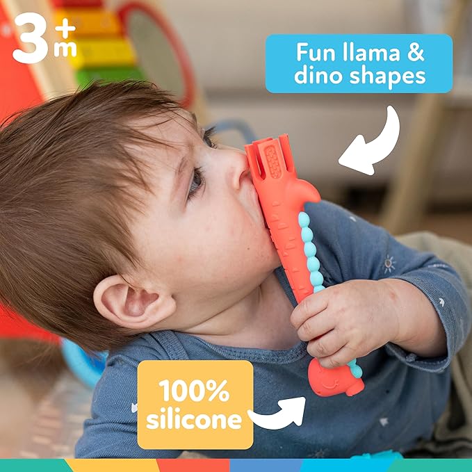 Nuby Tube Teether - (2-Pack) Baby Teething Toy - 3+ Months - Llama and Dinosaur