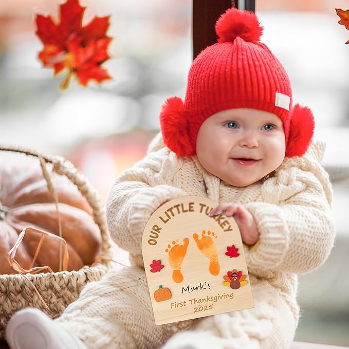 R HORSE DIY Thanksgiving Footprint or Handprint Art Sign with Ink Pad, 3D Turkey Newborn Milestone, Baby’s 1st Thanksgiving Footprint Keepsake Craft Gift Our Little Turkey Baby Shower Nursery Decor