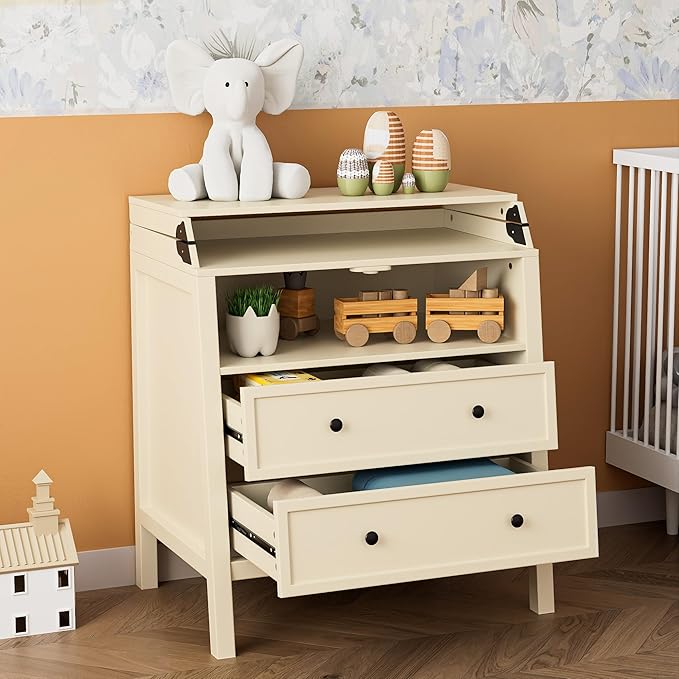 UbabyNest Baby Changing Table with Foldable Tabletop, Baby Dresser with 2 Wide Drawers & Open Storage Space, Modern Diaper Changing Station, Perfect for Nursery, Beige (Pad Not Included)