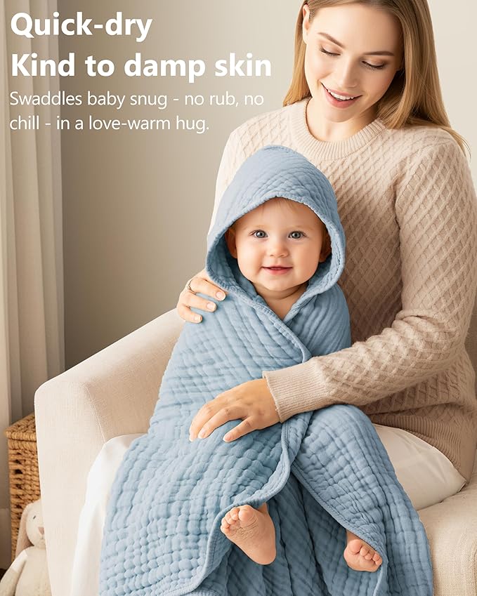 Baby Bath Towels, 100% Muslin Cotton Hooded Baby Towels for Newborn, 2 Pack Baby Towels with Hood for Infant Toddler and Kids, Large 32x32Inch Unisex Bath Essentials, Soft and Absorbent