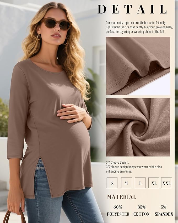 3 Pack Women's 3/4 Sleeve Maternity Shirts Elbow Length Clothes Round Neck Tunics Pregnancy Loose Side Split Tops