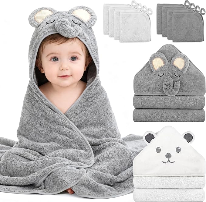 10 PCS Baby Towels Set - 2 Hooded Towels & 8 Washcloths, Ultra Soft & Absorbent Bath Towels for Newborn, Infant, Toddler, Baby Shower, Daily Use, Cute Animal Design