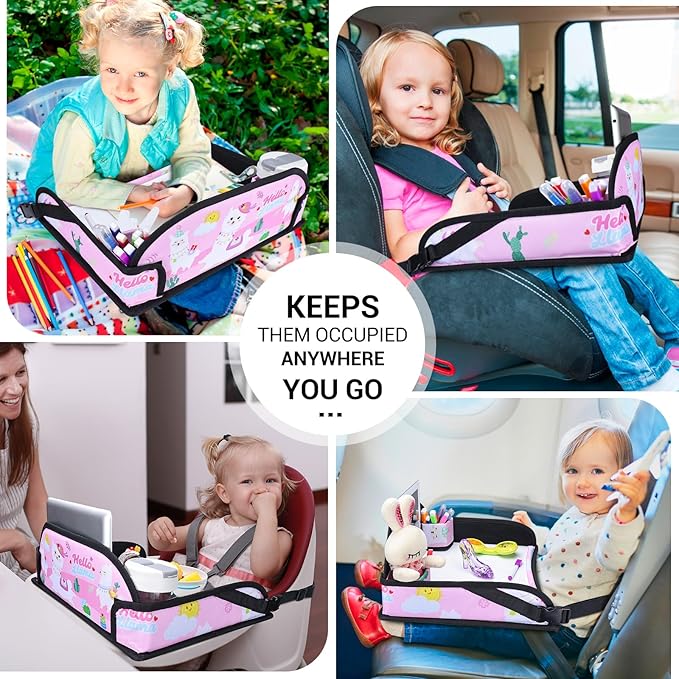 COOLBEBE Kids Travel Tray for Toddler Car Seat, Travel Tray for Airplane, Toddler Car Seat Lap Tray, Carseat Table Tray for Kids Travel Activities (Pink Alpaca)