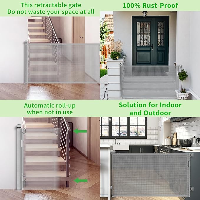 Retractable Baby Gate, Mesh Baby Gate or Mesh Dog Gate, 33" Tall Extends up to 55" Wide, Child Safety Gate for Doorways, Stairs, Hallways, Indoor/Outdoor (Grey, 86CMx140CM)