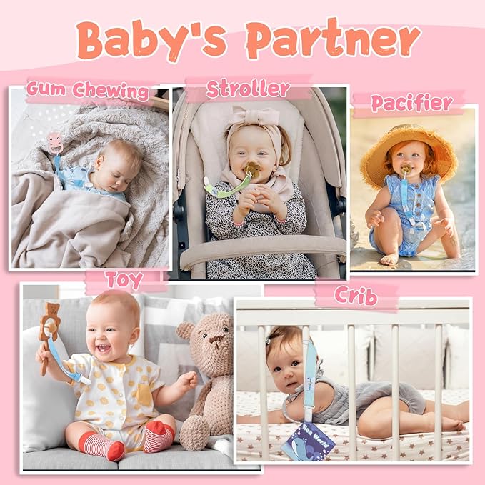 babygoal Doll Pacifier Clips with Pacifier Case, 6 Pack Binky Paci Holder Clips Leashes Fits for Most Pacifiers and Binkies 6PS33-GZ