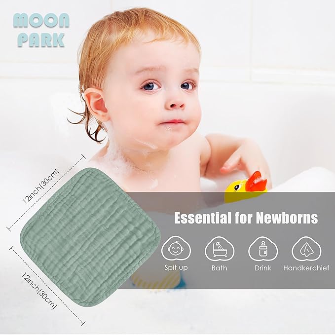MOON PARK Baby Washcloths, 12 Pack - 12x12 Inches, Small Burp Cloths and Baby Wipes - 100% Cotton Muslin Ultra Soft for Newborn, Infant and Toddlers - Green