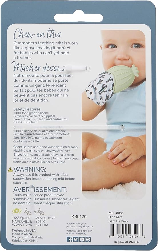 Itzy Ritzy Silicone Teething Mitt - Soothing Infant Teething Mitten with Adjustable Strap, Crinkle Sound & Textured Silicone to Soothe Sore & Swollen Gums - for Ages 3 Months & Up (Green Dinosaur)