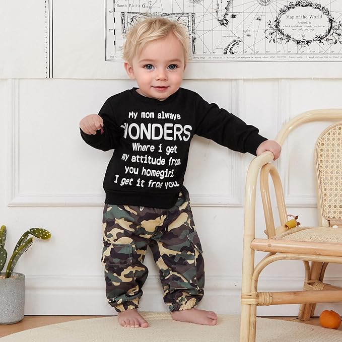 wdehow Toddler Kids Baby Boy Fall Outfits 1T 2T 3T 4T 5T Letter Print Long Sleeve Tops Camouflage Pants Winter Clothes Sets
