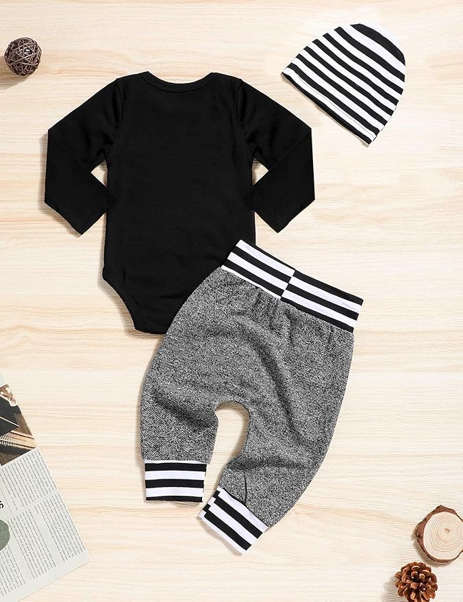 Fommy Newborn Baby Boy Clothes New to The Crew Letter Print Romper+ Pants+Hat 3PCS Outfit