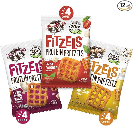 Lenny & Larry's FITZELS Variety Pack, 3 Flavors, 12 Count- Savory Pretzel Snacks Incredibly Tasty, High Protein Salty, Vegan, 20 g's of Plant Based Protein, 3 oz Each