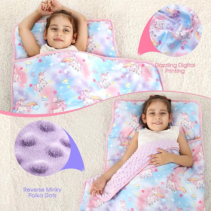 ACRABROS Toddler Nap Mat with Pillow and Blanket, Large Rolled Napping Mats,Slumber Bags for Boys Girls,Kids Sleeping Bag for Daycare, Preschool Travel