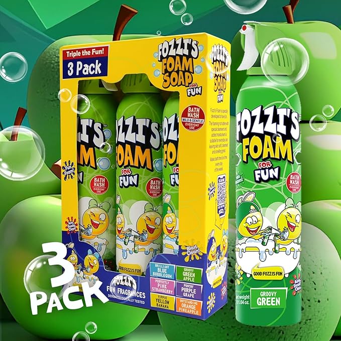FOZZI'S Groovy Green Bath Foam Soap for Kids (3 Pack) - Fun Aerosol Spray - Squishy Bubble Soap for Playtime - Gentle Cleanser Foaming Body Wash - Safe Bath Fun for Everyday Wash