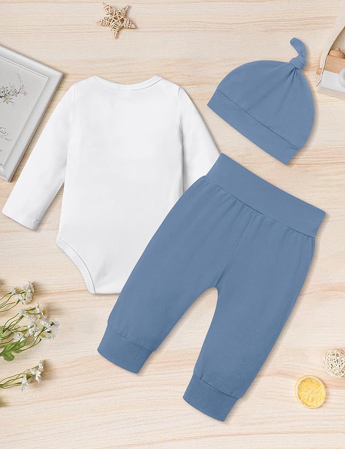 Fommy Newborn Baby Boy Clothes New to The Crew Letter Print Romper+ Pants+Hat 3PCS Outfit