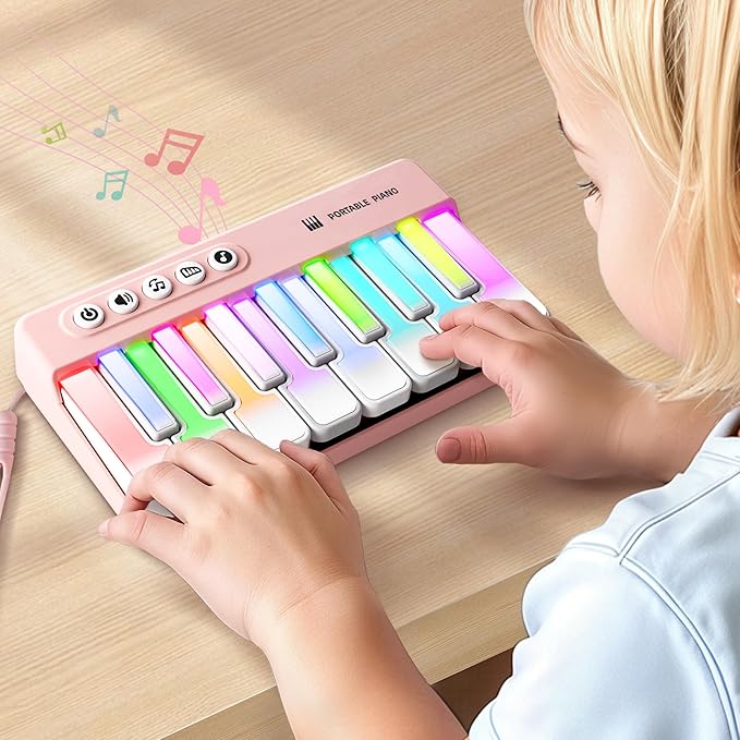iPlay, iLearn Kids Mini Piano Toy W/Rainbow Lights, Toddler Pocket Travel Piano Keyboard for 1-3, Portable Musical Instrument Toys, Music Interactive Birthday Gift 2 4 5 6 Year Old Boy Girl Child-Pink
