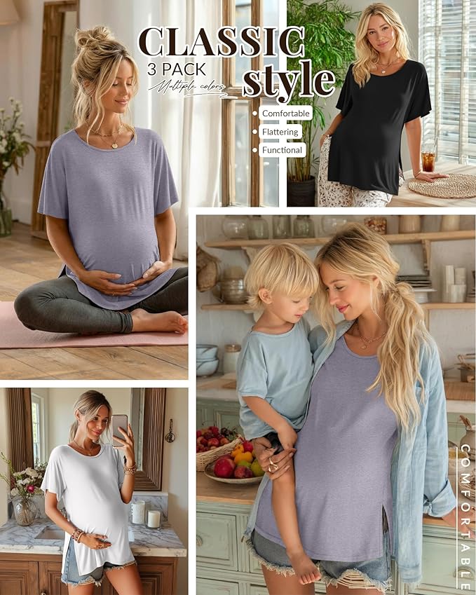 Riyiper 3 Pack Women's Maternity Tunic Shirts Cotton Summer Pregnancy Clothes Loose Oversized Split Side Blouse Tops