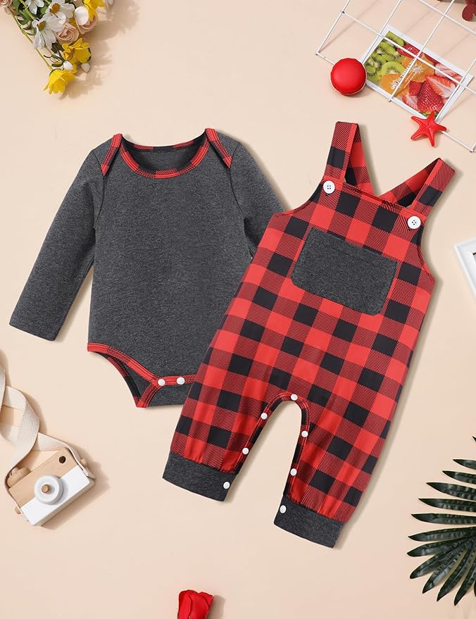 Baby Boy Clothes Long Sleeve Animal Plaid Romper + Overalls Infant Boy Clothes 2PCS Fall Winter Outfits