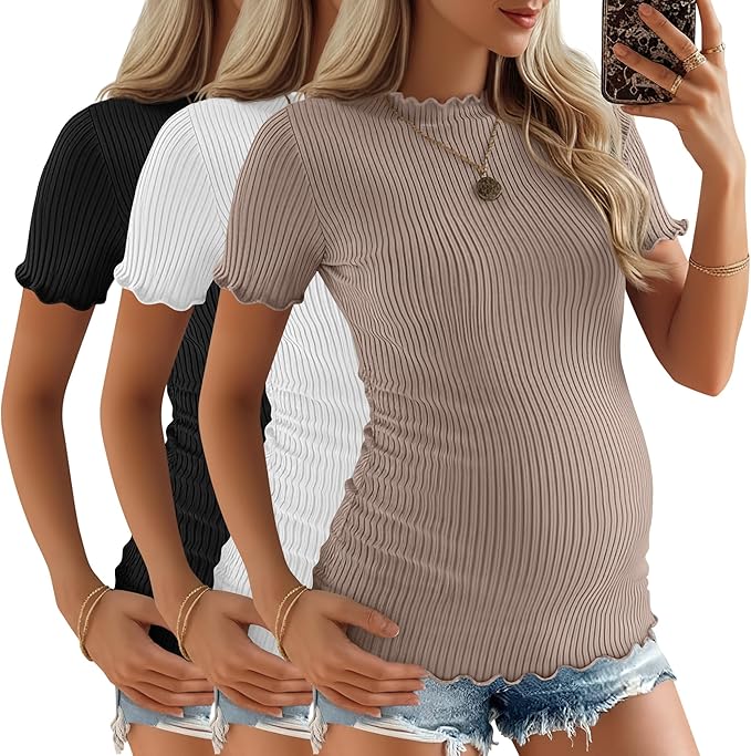 3 Pack Women's Maternity Tops Short Sleeve Ribbed Knit Maternity Shirts Crew Neck Side Ruched Pregnancy Clothes