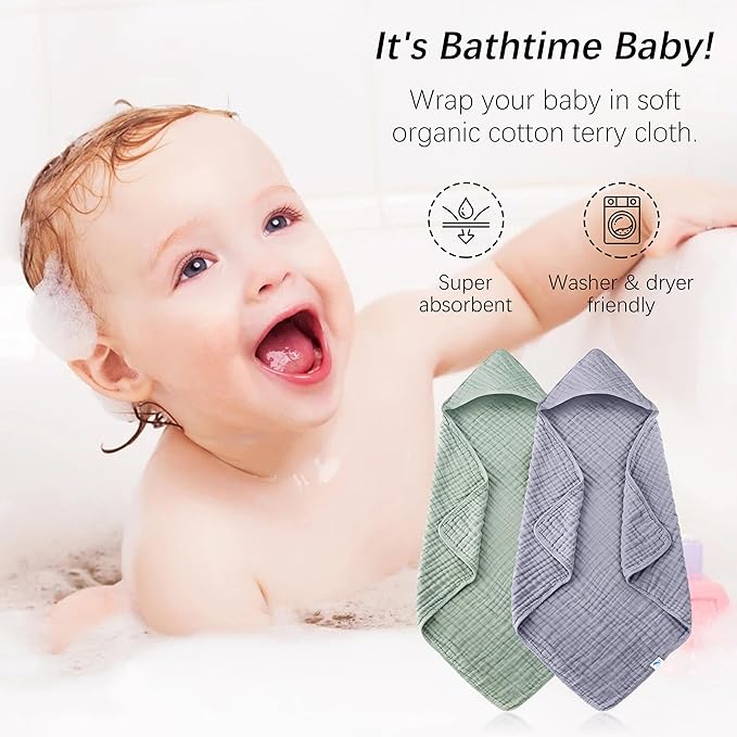 SWEET DOLPHIN Muslin Hooded Baby Bath Towels - 2 Pack 100% Cotton Towel for Babies, Infants, Toddlers - 32x32Inch - Highly Absorbent and Newborn Essential, Green and Grey