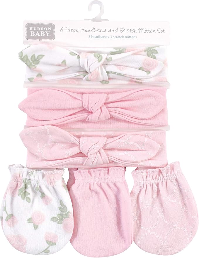 Hudson Baby baby-girls Cotton Headband and Scratch Mitten Set